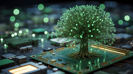 A glowing tree with light points growing out of a circuit board with other components around it