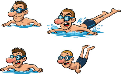 Cartoon men swimming in pool wearing goggles and swim trunks, active swimmers performing strokes, fun water sports vector illustration