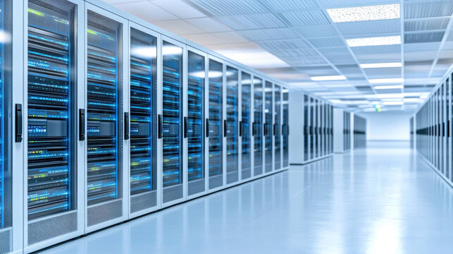 A row of computer servers are lined up in a room