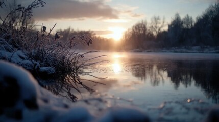 Fototapeta premium sunrise at winter countryside, Lake mirroring the Sun