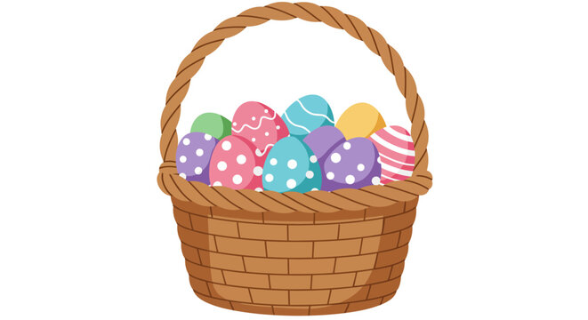 Colorful easter eggs in a basket on white background