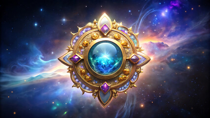 Luxury brooch illustration glowing in cosmic starlight fantasy design