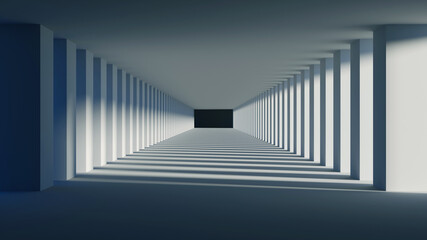 Obraz premium Modern Futuristic Minimal Architecture Interior and Exterior Designs with Blue Sky, Abstract Geometric Shapes, Clean Lines, Bright Light, Creative Backgrounds, 3D Render Illustration