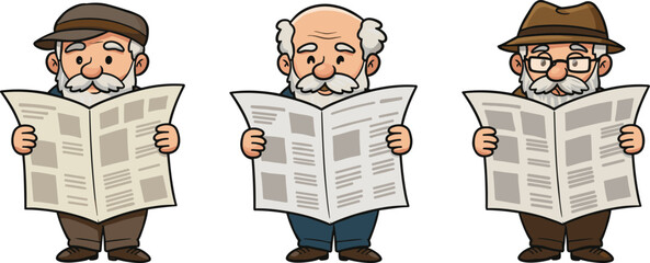 Cartoon Senior Men Reading Newspapers – Vector Illustration of Elderly Male Characters with Hats, Daily Routine, Morning News, Funny Grandpas