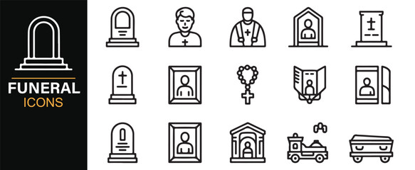 Death and remembrance icon pack including priest, obituary, crucifix, and chapel