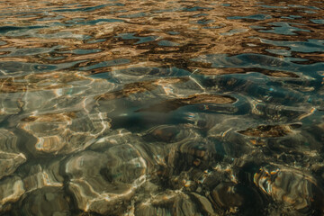 Golden Reflections on Clear Water Surface with Rocks Beneath