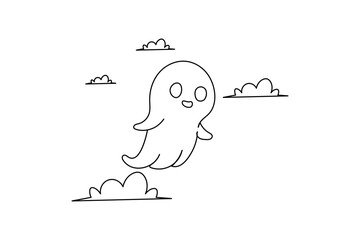Cute Halloween ghost one line art illustration with smiling face on white background perfect for spooky design