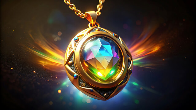Luxury golden locket glowing with rainbow crystal highlights