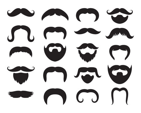 Collection of black vector mustache and beard silhouettes. Assortment of different gentleman facial hair styles for graphic design elements 