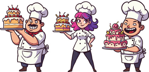 Cartoon vector illustration of happy chefs and a girl in uniform proudly holding delicious layered cakes with fun decorative toppings