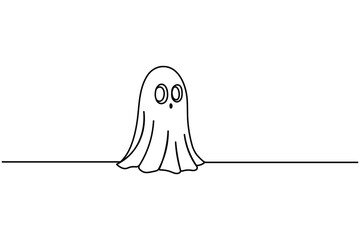 Cute Halloween ghost one line art illustration with smiling face on white background perfect for spooky design