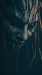 Retrato en penumbra de una figura con maquillaje que simula líquido resinoso.
