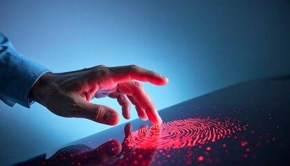 Close-up of a hand scanning a fingerprint on a touch screen