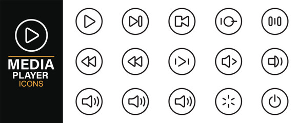 Media playback icons set including navigation, volume, and power buttons in line style