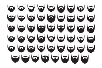 A diverse set of black silhouette vector icons featuring various styles of beards and mustaches for men's grooming and fashion concepts