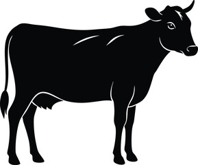 Black silhouette of a cow isolated on white background, vector illustration