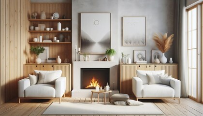 Cozy living room with fireplace, two armchairs, and wooden accents, creating a warm and inviting atmosphere