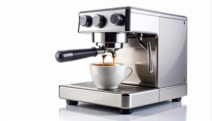 Fresh Espresso Pouring from Coffee Machine on White Background