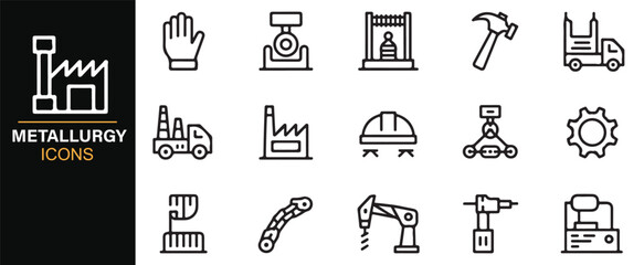 Thin line editable metallurgy symbols for industry, automation, and manufacturing