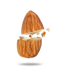 Crushed almond in the air close-up isolated on transparent background