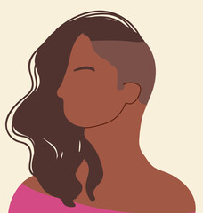 Modern young woman, asymmetrical shaved hairstyle,  abstract faceless female character, head portrait. Hand drawn vector illustration.