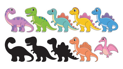 A colorful vector collection of cute cartoon dinosaurs with matching silhouettes. Fun prehistoric animal educational game for children's learning