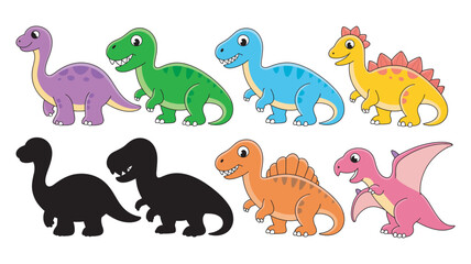 A vibrant collection of cute cartoon dinosaurs and their silhouettes, including T-Rex, Stegosaurus, and Pterodactyl. Adorable prehistoric animal characters vector set for kids a