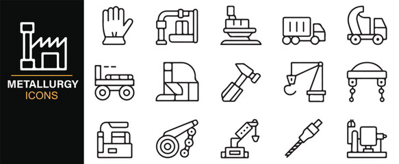 Editable vector metallurgy icons with factory, safety gear, conveyor, and robotic arms