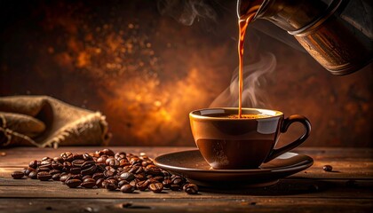 Rustic Espresso Machine Pouring Coffee on Dark Brown Background