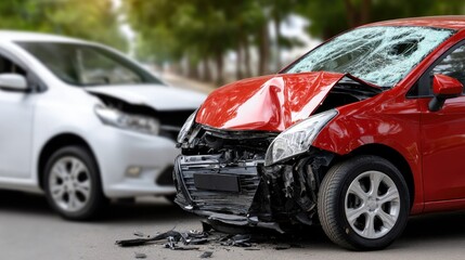 A close-up of a damaged red sedan reflecting the aftermath of an accident with a white car on a city street featuring natural lighting