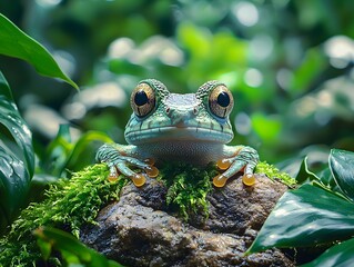 A close up of a vibrant green frog with large eyes on a moss covered rock in a lush tropical rainforest