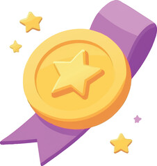 Golden Star Medal with Purple Ribbon and Sparkles on White Background Keywords: medal, award, prize, winner, success, achievement, recognition, champion