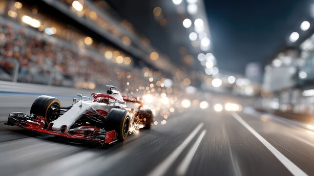 Fototapeta A red racing car speeds around the track at night, lights from a cheering crowd creating an electrifying atmosphere during the race