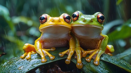 Two colorful tree frogs one yellow and one green sit closely together on a wet leaf during a rain shower in a lush rainforest