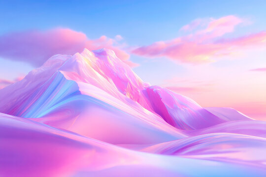 A vibrant abstract landscape featuring a creative composition of colorful waves and mountains under a beautiful sunset sky