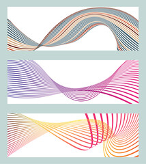 Wavy lines or ribbons. Set of 3 backgrounds. Multicolored striped gradient. Creative unusual background with abstract gradient wave lines to create a trendy banner