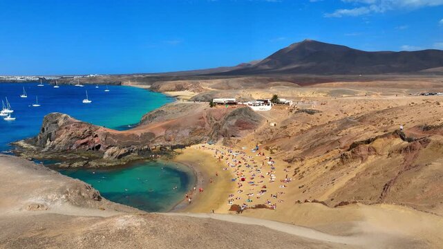 Famous Papagayo beach on Lanzarote, Canary Islands, arid coast of Lanzarote, an island in the Atlantic Ocean, paradise beach on the Canary Islands, Spain