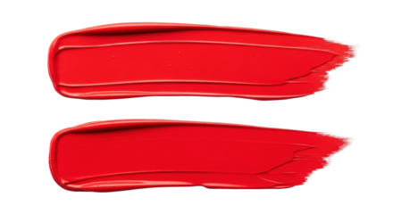 Two bold, horizontal strokes of vibrant red acrylic paint with visible brush texture, organic edges, against a transparent background with copy space. Abstract art background concept