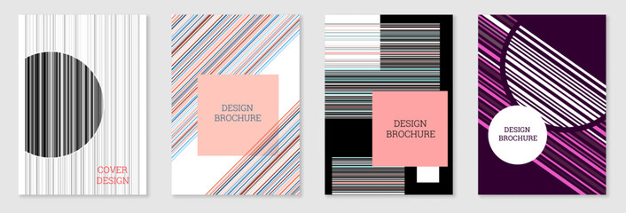 Bright background in Memphis style. Set of 4 geometric cover designs. Fashionable bright cover, banner, poster, booklet. Bright colors