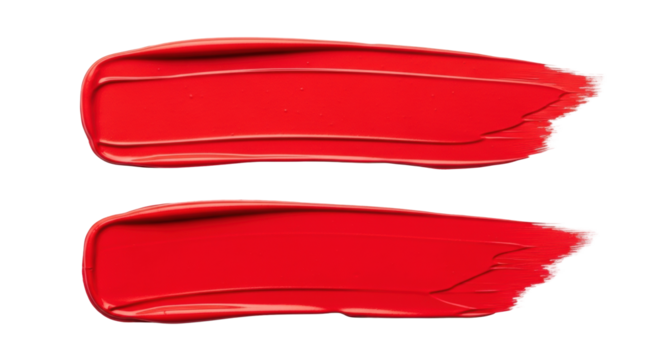 Two bold, horizontal strokes of vibrant red acrylic paint with visible brush texture, organic edges, against a transparent background with copy space. Abstract art background concept