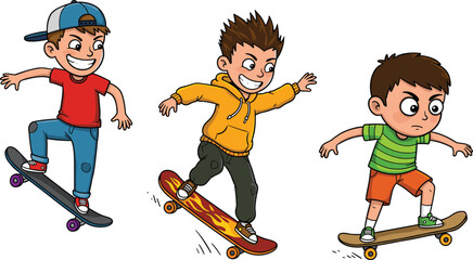 Happy cartoon boys performing skateboard tricks in urban outfits, perfect for children’s sports illustration, street action, and character design