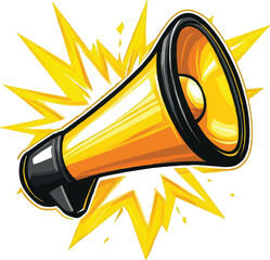 Yellow Megaphone with Orange Bell and Yellow Starburst on White Background bullhorn speaker