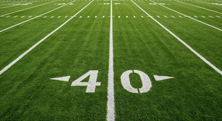 Eye-level full shot of a well-marked American football field with vibrant grass