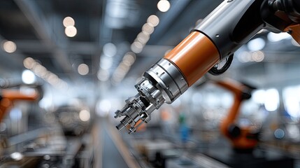Fototapeta premium Robotic arms work on metal car panels, providing precision in assembly and paint correction in a modern factory environment