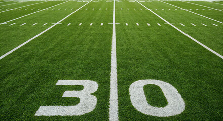 Eye-level full shot of a well-marked American football field with vibrant grass