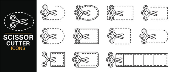 Scissor coupon icons set including voucher labels, price tags, and perforated cutouts