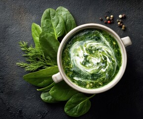 Spinach soup with cream in a bowl. Top view