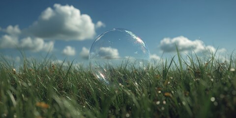Naklejka premium Single Soap Bubble Floating Over a Natural Field Scene