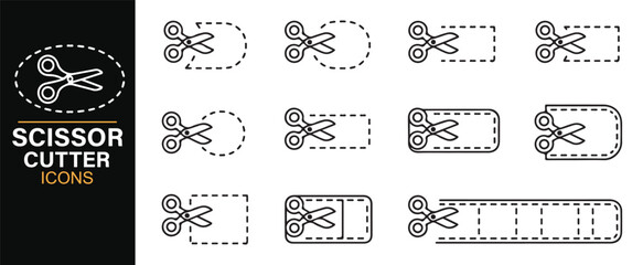 Editable outline icons of scissors cutting coupon shapes for promotion and shopping