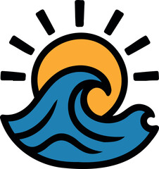 Vector illustration of a stylized blue wave with black outlines and a yellow sun above it
